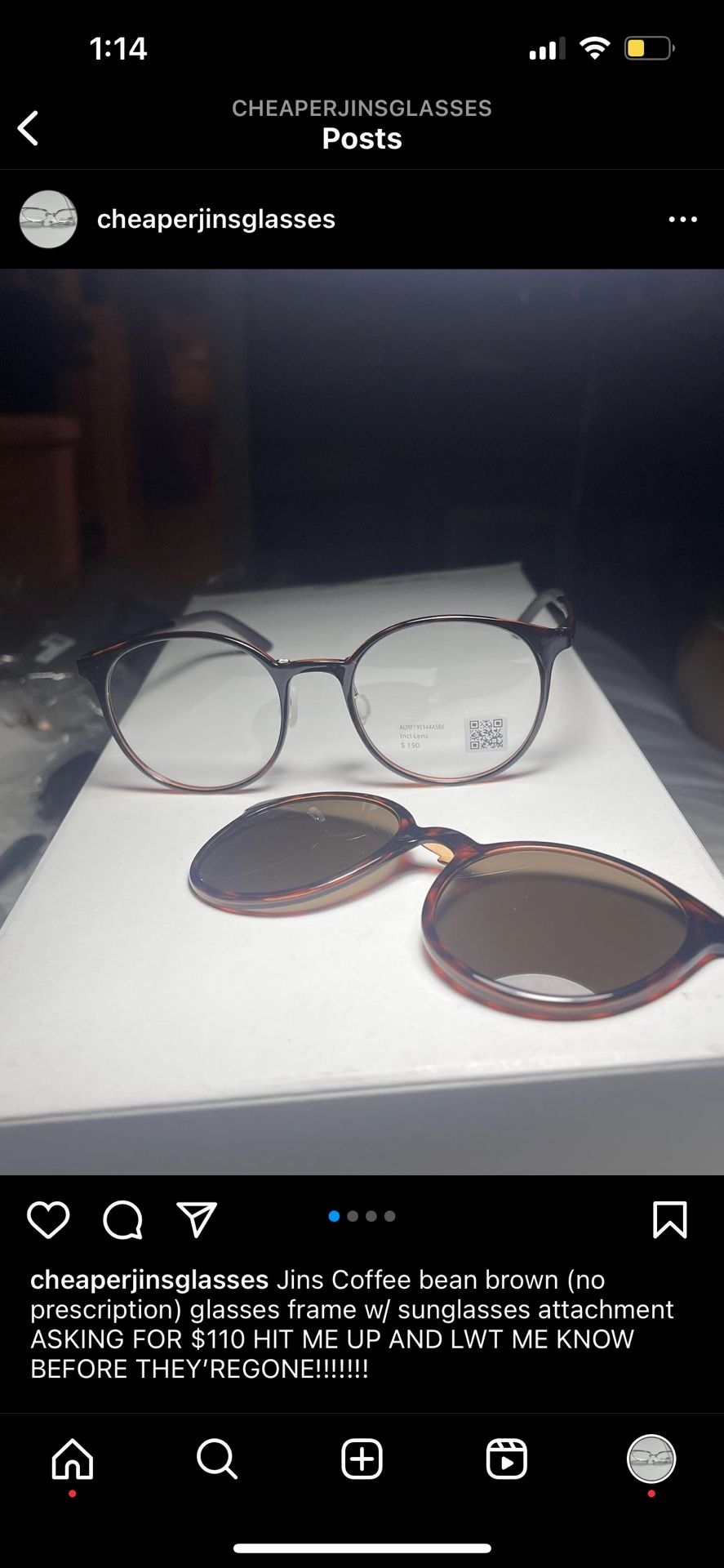 Jins Glasses (nonprescription) Frame With Sunglasses Attachment