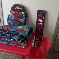 All Spider Man Table Set , book Bag , Cover & Picture. 