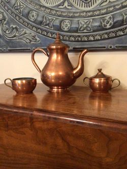 Vintage Copper Teapot, Sugar, and Creamer Set