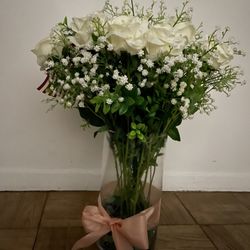 Artificial Roses In Vase With Marble Glass Gems
