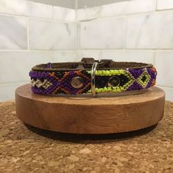 Handmade Dog Collar – 10” XS – Purple & Neon Artisan Weave