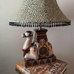 Vintage Lamp Ceramic Camel Hand-painted Base Leopard Beaded Lampshade 24”