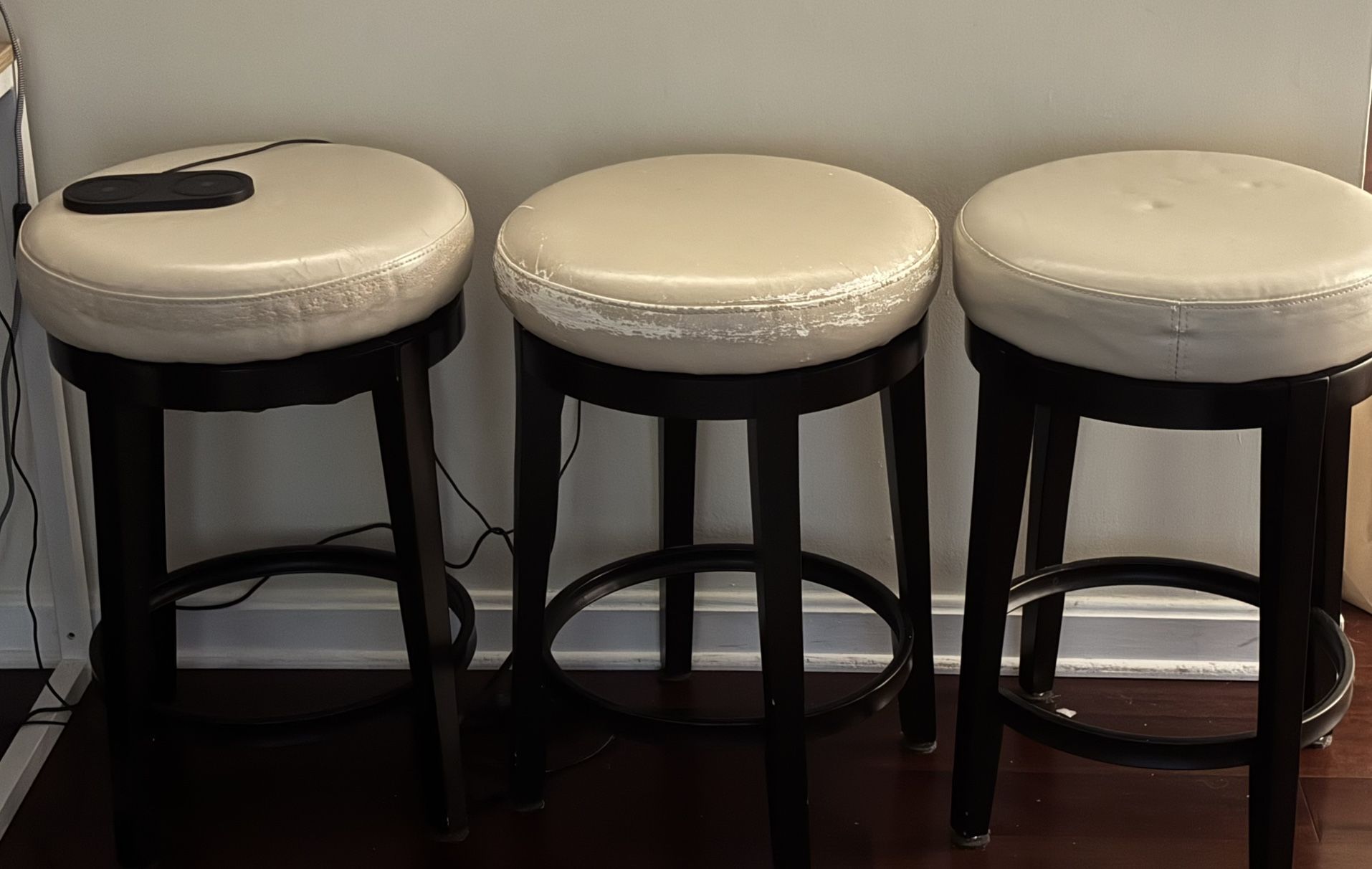 Black Stools With Cream Faux Leather Cushion 