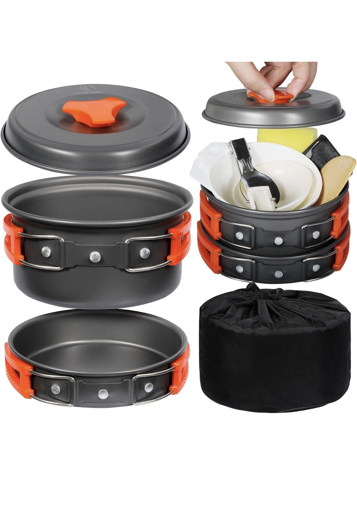 REDCAMP 12/14/15/19 PCS Camping Cookware Mess Kit Camping Gear Campfire Utensils Lightweight Stackable Pot Pan Bowls Soup Spoon with Storage Bag for C