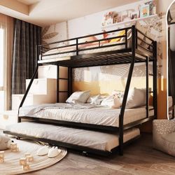New Twin Over Full Bunk Bed with Trundle, Metal Loft Bed with 2 Safe Ladders, Trundle Bed with Safety Guard, Space Saving, Noiseless for Small Bedroom