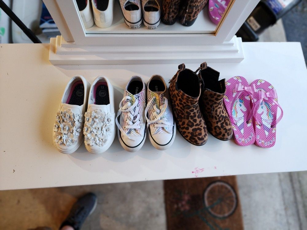 4 Pairs Of Girls Shows - Size 13 - Converse, Lepard Boots, Unicorn Flip Flops, Slip On Loafers