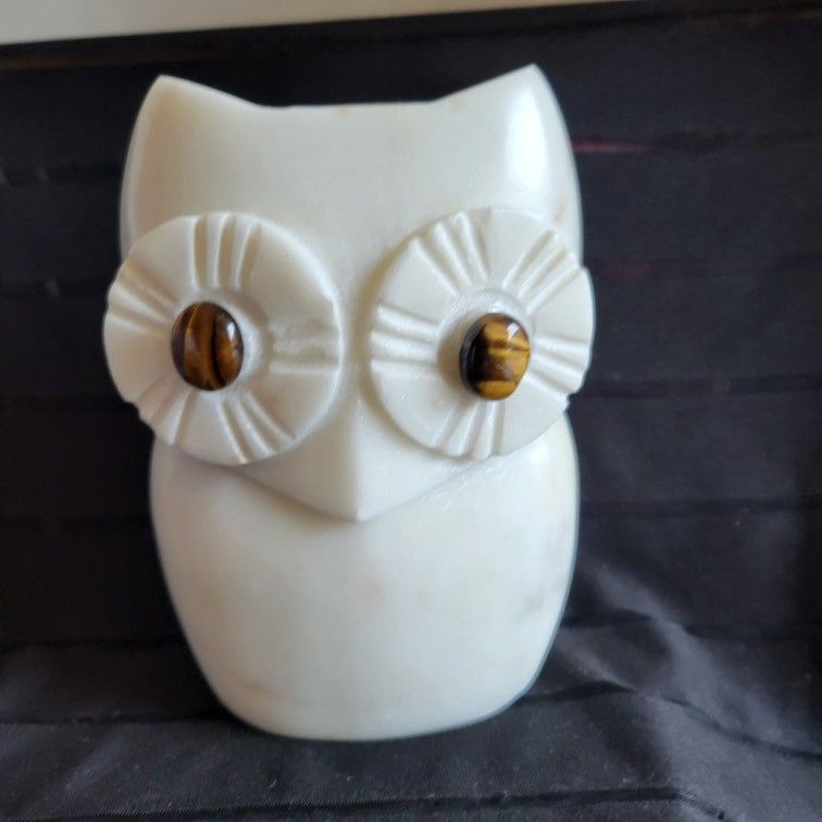 Vintage White Marble Heavy Owl Figurine Bookend 5"