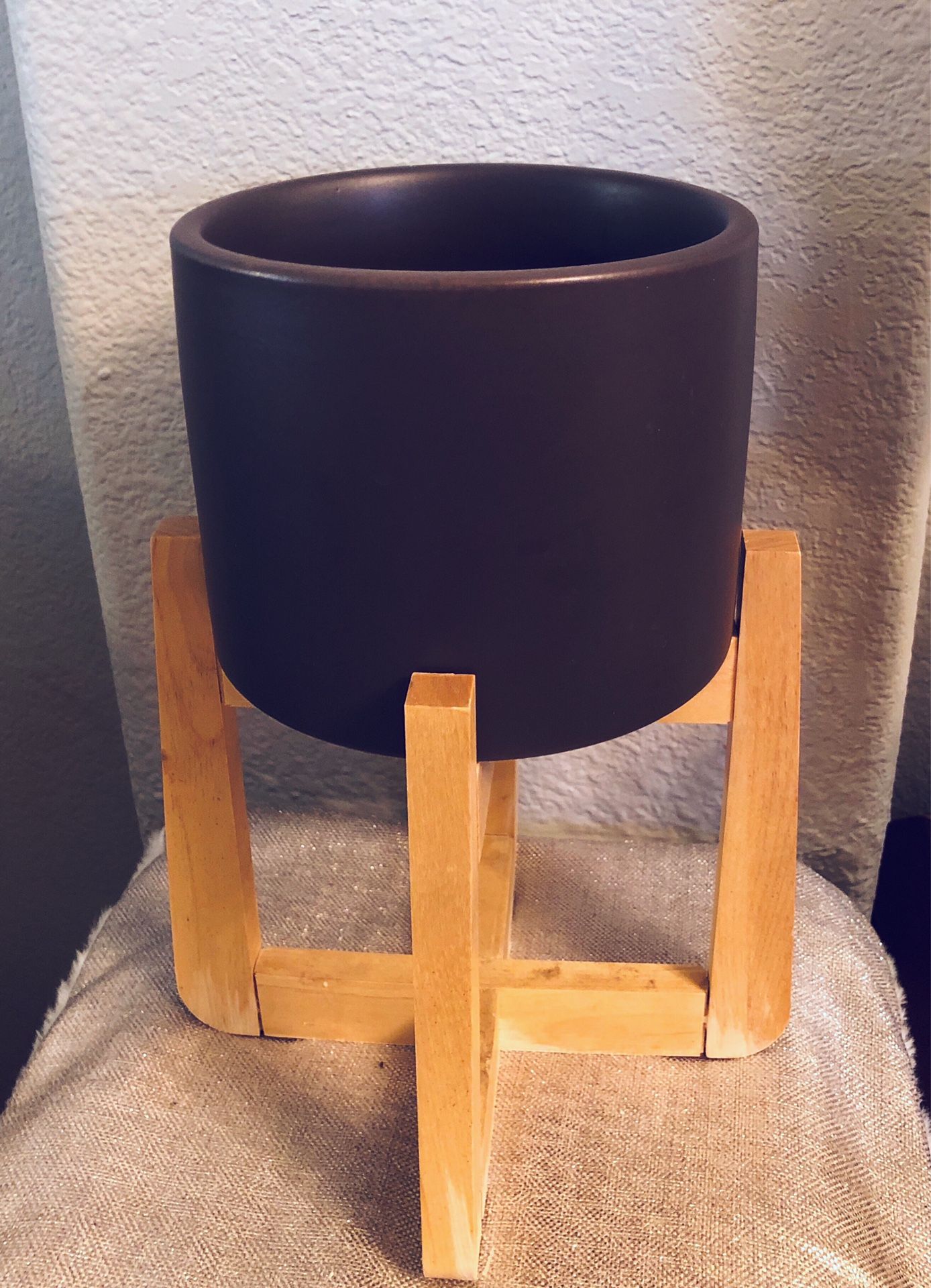 6” Black Ceramic Planter Pot with Wood Plant Stand