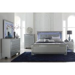 Brand new silver LED king bedframe + dresser + mirror + nightstand