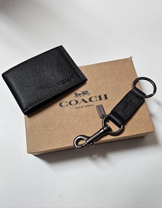 Coach Black Leather Insert ID and Keychain Set