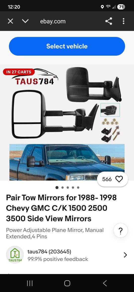 Pair Tow Mirrors for 1(contact info removed) Chevy GMC C/K 1(contact info removed) 3500 Side View Mirrors
Power Adjustable Plane Mirror,