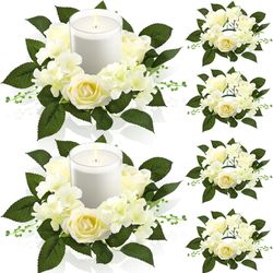 Jutom 6 Pcs Wedding Rose Candle Rings Artificial Floral Wreaths with Green Leaves White Flower Candle Rings Candleholders Garland for Wedding Pillar C