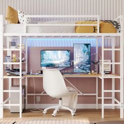 White Loft Bed with U-Shape Desk 