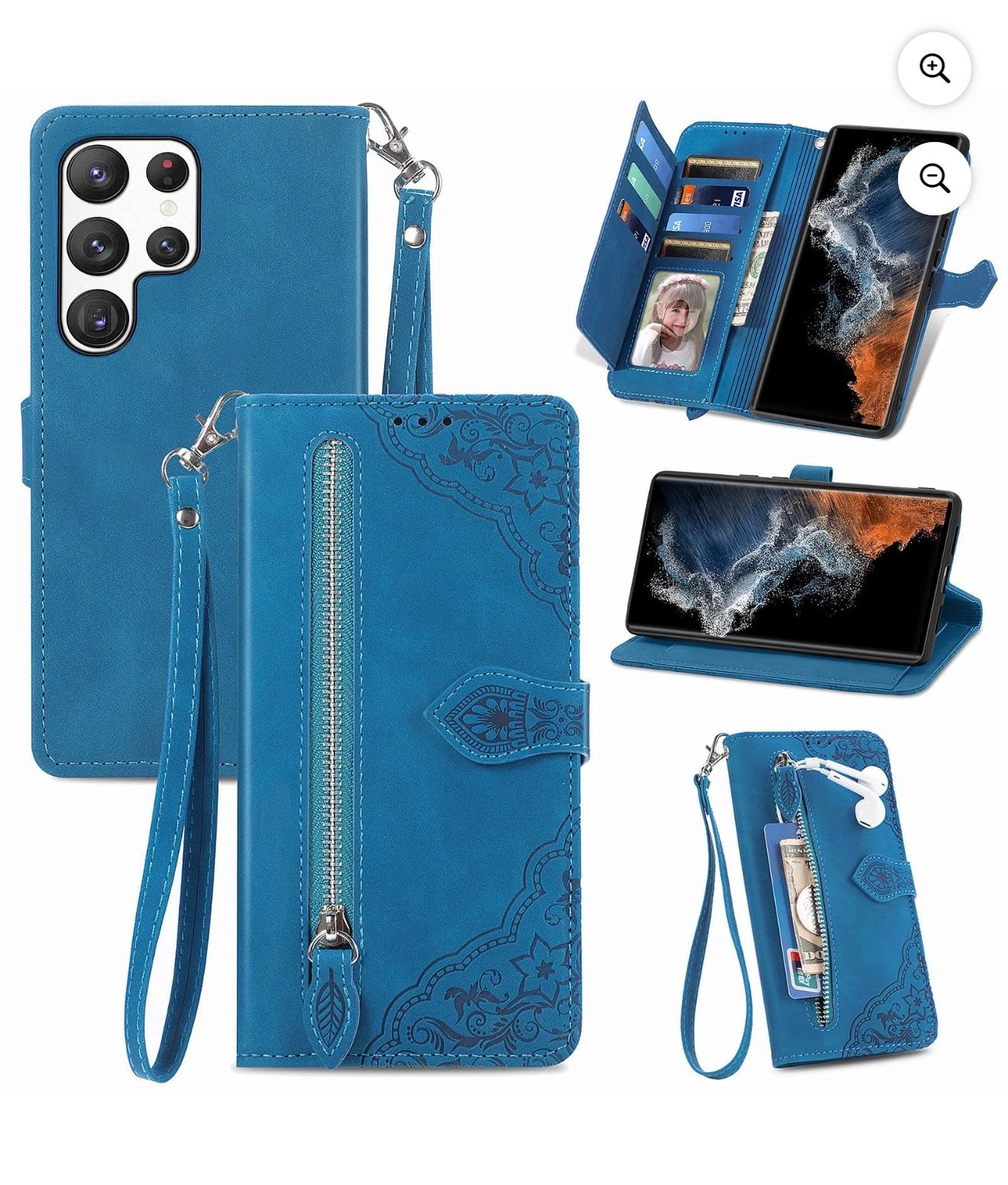 TECH CIRCLE Samsung Galaxy S23 Ultra Wallet Case,Embossed Flower PU Leather Folio Flip Protective Zipper Cover with Wrist Strap RFID Blocking Card Hol