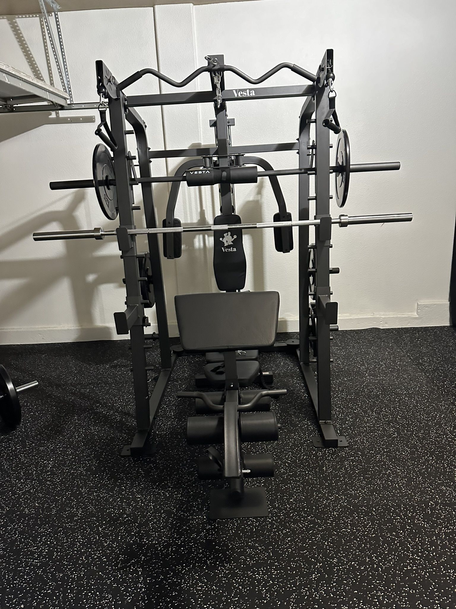 Vesta Fitness Smith Machine 2001 w/Bench Attachment | 230lb Bumpers Weights | 7ft Olympic Bar | Fitness | Gym Equipment | FREE DELIVERY & INSTALL🚚