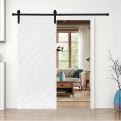 Modern Chevron Pattern 36 in. x 84 in. MDF Panel White Painted Sliding Barn Door with Hardware Kit