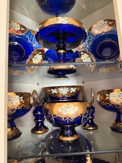 Cobalt Blue Glass Decorative Set with Gold Floral Detail