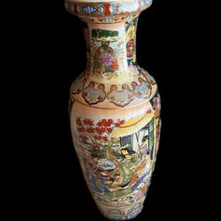24" 20th Century Vintage Asian Satsuma Double Sided Floor Vase Fantastic