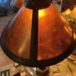 A Pair Vintage Arts and Crafts Mission Style Lamps With Mica Shades
