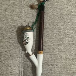 Beautiful Vintage 3 piece Smoking Pipe with ceramic bowl and lid.