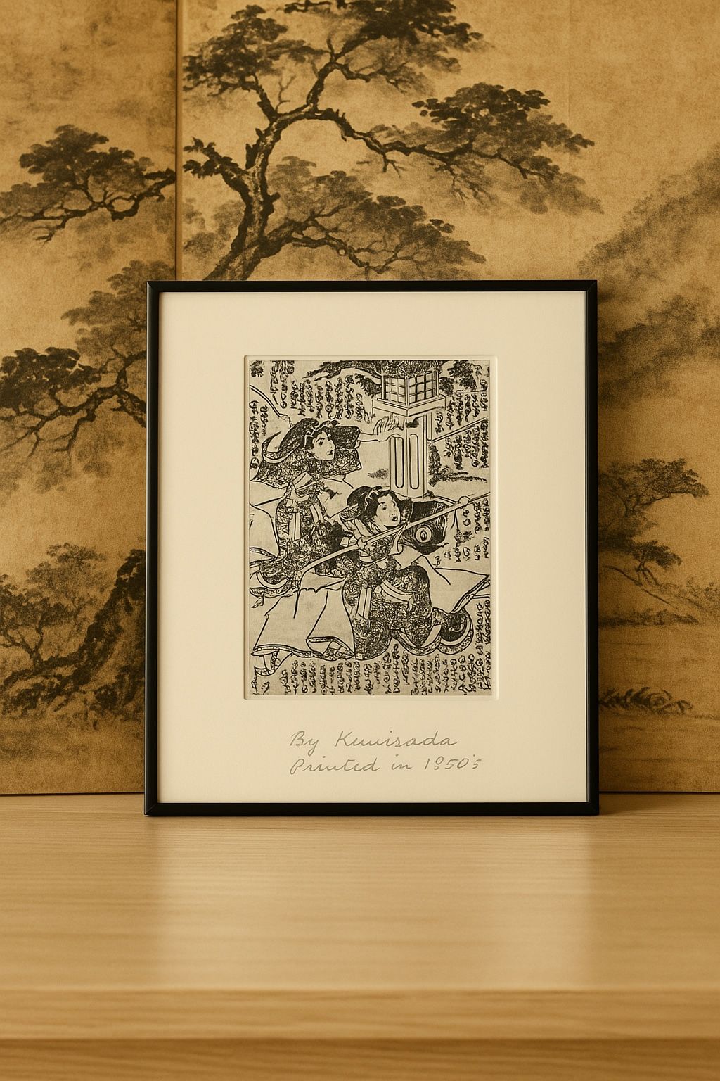 Utagawa Kunisada 1850s Edo Woodblock Book Leaf Lantern Scene, Framed 8x10”