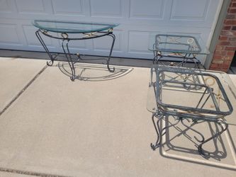 Wrought iron with glass top three piece table set