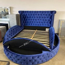 Blue, Gray, Black Velvet Tufted Design Round Storage Queen Size Bed Frame//King Size Bed Frame 