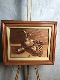 Vintage Fruit And Pitcher Still Life Painting On Board With Wood Frame, Signed, 1973