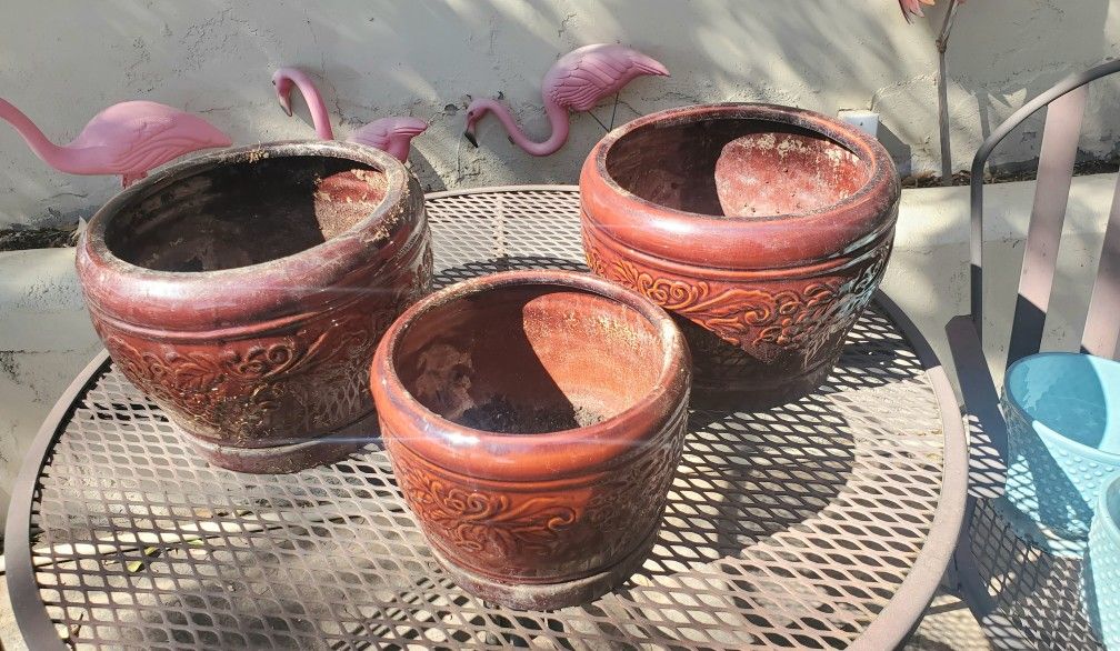 3 Glazed Clay Flower Pots