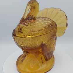 Beautiful Vintage Amber Glass Turkey On A Nest