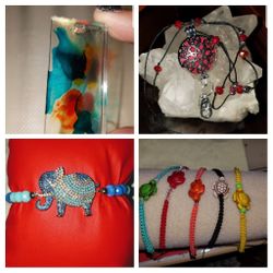 Resin pendants, hand made bracelets and lanyards