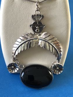 Giant Navajo Handmade Sterling Silver & Black Onyx Stone KACHINA Pendant ,16”Italian chain
