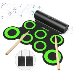 PAXCESS Electronic Drum Set, Roll Up Drum Practice Pad Midi Drum Kit with Headphone Jack Built-in Speaker Drum Pedals Drum Sticks 10 Hours Playtime,Gr