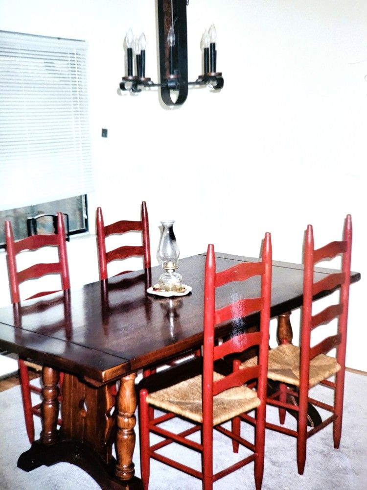 Vintage French Extendable Trestle Dinning Table Set With 4 Chairs