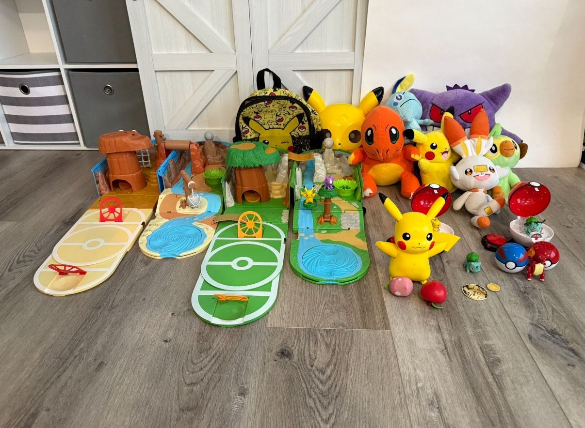 Large Set Of Pokémon Toys, Backpack Playsets, Stuffed Animals
