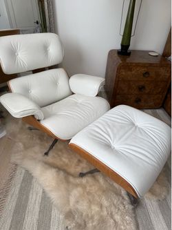 Eames-Style Lounge Chair & Ottoman - White Faux Leather, Light Wood