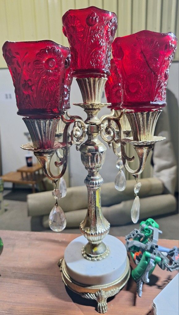 Marble & Red Glass Candle Stand Holds Up To 5 Candles