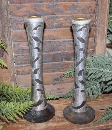 Unique Ornate VTG BOHO Eclectic Layered Wood & Metal Candle Holders Candlesticks