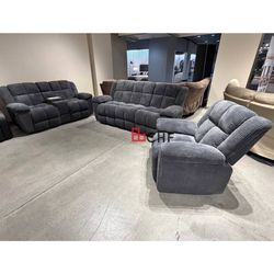 Fabric  modern  3 piece reclining sofa set living room ( sofa + loveseat + chair )