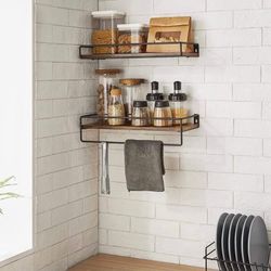 Floating Shelves, Set of 2, Wall Shelves with Towel Rack, Wood Shelves for Wall, for Bedroom, Kitchen, Living Room, Rustic Brown and Black