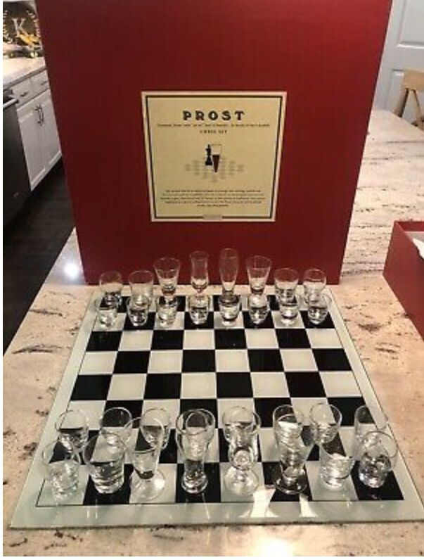 Restoration Hardware PROST Chess Set Glass Board 32 Shot Glasses Drink Game