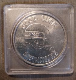 Vintage Good Luck Seahawks promotional coin, Pay'n Sav/Pepsi/KJR Radio, numbered