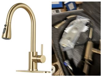 Kitchen Faucet with Pull Down Sprayer - Brushed Gold Single Handle Kitchen Faucets, High Arc Stainless Steel Pull Out Kitchen Sink Faucet with Deck fo