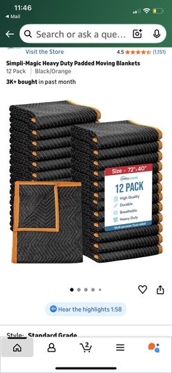 Simpli-Magic Heavy Duty Padded Moving Blankets 72" x 40" – 12 Pack – Packing Blankets, Furniture Covers for Moving