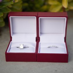 Charles & Colvard Forever One Moissanite Engagement Ring With Real Diamond Band And Matching Wedding Band