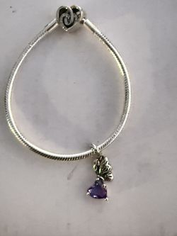 925 Silver “PANDORA” Charm Bracelet w/ Lovely Amethyst Heart Shape Charm