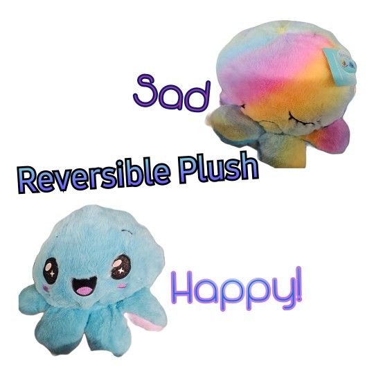 HugMe Plush Reversible Octopus Happy Aqua Sad Rainbow