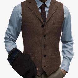 Tuikayoo Men's Tweed Suit Vintage Vest Herringbone Wool Prom Waistcoat Groomsmen. Size: L/ Color: Coffee