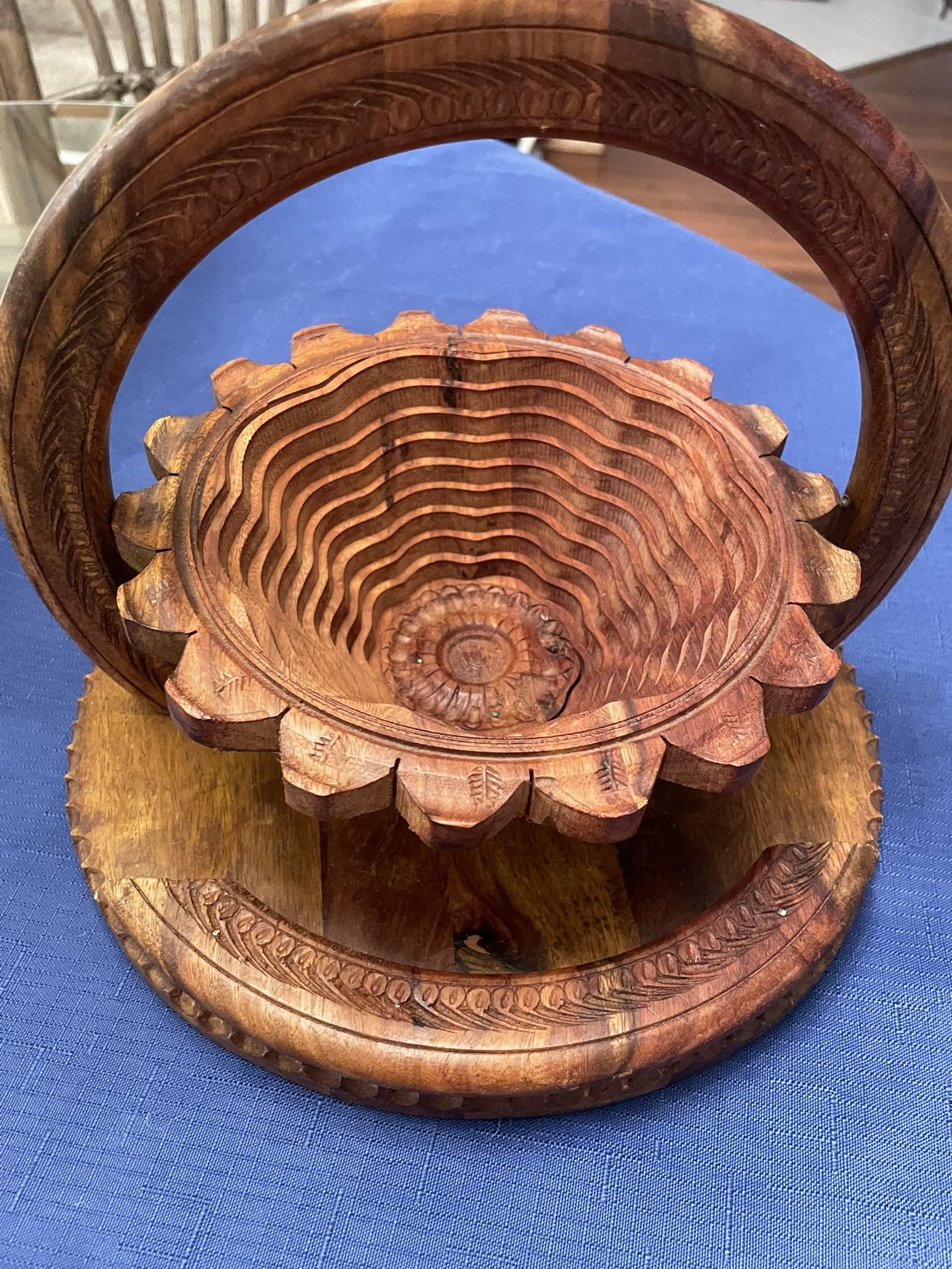 Stunning And Inventive Vintage Hand Carved Collapsible Basket