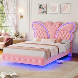 Queen Bed Frame Butterfly-Pattern Upholstered Headboard, Modern Floating Bed with LED Lights Button Tufted on Headboard and Footboard, Slat